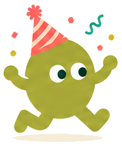 Pip the mascot in a party hat with confetti