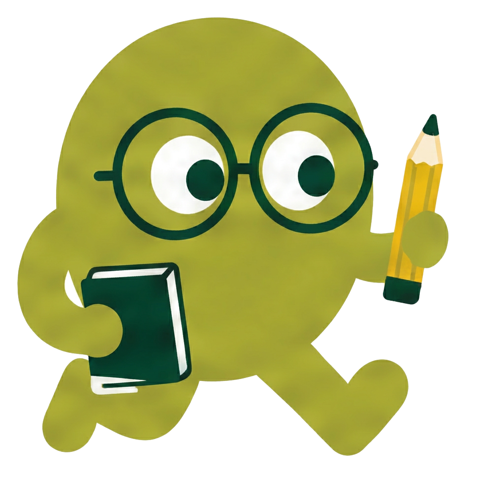 Pip the mascot with glasses, a book and a pencil
